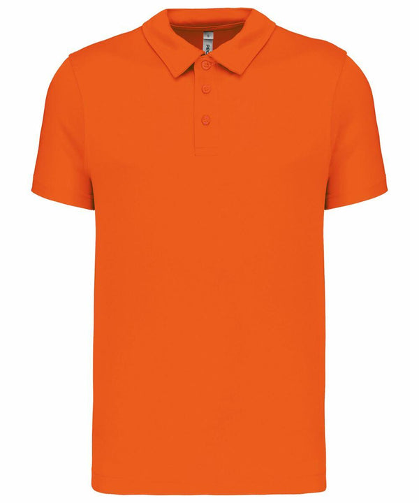 A Kariban Proact PA482 orange short-sleeve polo shirt with a three-button placket and a folded collar displayed against a plain background.