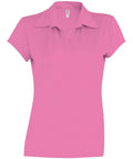 The PA483 from Kariban Proact is a pink short-sleeve polo shirt featuring a collar and a buttonless v-neck design, set against a white background.