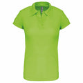 The PA483 by Kariban Proact is a vibrant green, short-sleeved women's polo shirt featuring a collar and V-neck. The smooth, breathable fabric makes it perfect for casual outfits or sports activities.