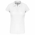The Kariban Proact PA483, a plain white short-sleeve polo shirt featuring a collar and V-neck detail, is displayed against a white background.