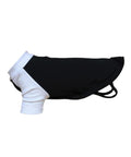 The Dog T-Shirts product is displayed laid flat, featuring a white collar and sleeves, a solid black body, and two black straps at the back.