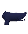 Dog T-Shirts: Solid navy blue shirt with short sleeves, high collar, two leg openings, and a curved back hem; side view shown on a white background.
