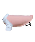 Dog T-Shirts: A light pink and white short-sleeved shirt with a collar for dogs, featuring black elastic loops near the back. Displayed on a plain white background.