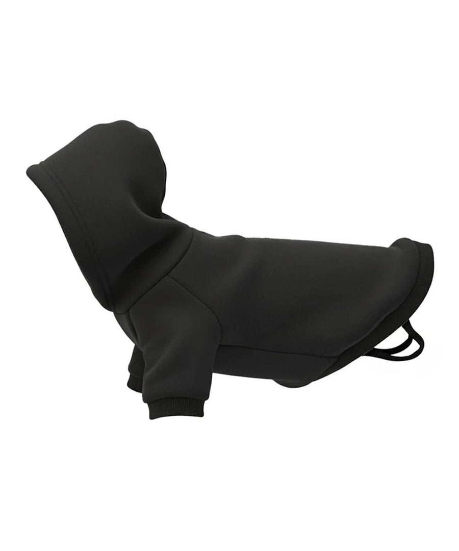 A small dog models a black Dog Hoody with front-leg sleeves and under-belly straps, shown against a white background.