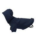 A Dog Hoodies jacket in dark blue is shown from the side on a plain white background. It features a hood and sleeves for the front legs, designed specifically for dogs.