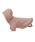 The Dog Hoodies is a light pink hooded jumper for small dogs, featuring front leg sleeves and a back opening, displayed from the side on a plain white background.
