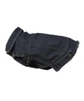Dog Jackets: A dark denim jacket for small dogs with frayed edges, button detail, and visible stitching, shown on a white background.