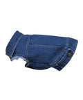 A blue denim Dog Jacket with sleeves and metal buttons, designed for pets, displayed on a white background.