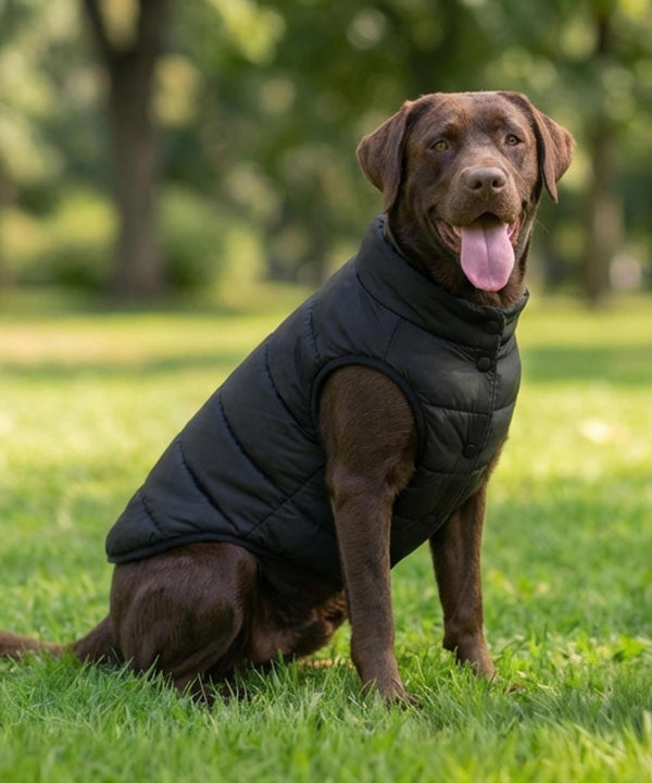 A brown Labrador Retriever sits on grass in a park, wearing the Portman & Pooch Dogs puffer jacket. The dog faces forwards with its mouth open and tongue out, surrounded by trees and greenery in the background.