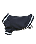Dog jackets in black, featuring white stripes on the collar and sleeves, are displayed from the side to highlight their shape and stylish design.