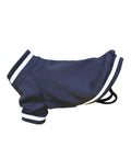 Dog jackets in navy blue with white stripes on the collar and sleeves, shown against a plain white background.