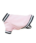 A light pink Dog Jackets jumper with black and white striped trim on the collar, sleeves, and hem, shown on a plain white background.