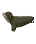 Dog Jackets in green feature a hood with light brown faux fur trim, sleeves for the front legs, and elastic back straps. Shown in side profile against a white background.