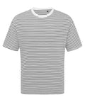 This T-shirt product features thin black horizontal stripes on a white, short-sleeve design with a crew neckline, shown against a plain white background.