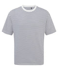 T-Shirts: A short-sleeved, crew neck tee featuring a white background with thin, evenly spaced horizontal black stripes. Displayed on a plain white background.