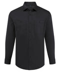 A plain black button-up long-sleeve shirt with a collar and two chest pockets, shown on a white background.
