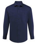 A navy blue long-sleeve shirt with two chest pockets, buttoned cuffs, and a classic collar is displayed against a white background.