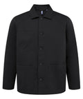 The "Jackets" product is a black button-up jacket with a collar, long sleeves, and three front pockets—one on the left chest and two at the waist—shown against a plain white background.