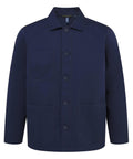 A navy blue jacket with a collar, button-up front, long sleeves, one chest pocket, and two lower front pockets is displayed against a white background.