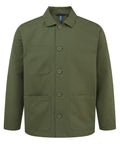 The Jackets product is an olive green, long-sleeve, collared button-up with three front pockets and large centre buttons. It features a simple, utilitarian design with no visible logos or patterns.