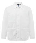 The Jackets product is a plain white button-up jacket featuring a collar, long sleeves, and three front patch pockets—one on the chest and two at the hem—shown against a white background.