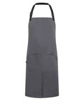 Aprons in plain grey, featuring an adjustable black neck strap and two front pockets, shown against a white background.