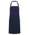 The Aprons product is shown on a white background. It features a navy blue colour, adjustable black neck strap, two metal buttons at the waist, and two front pockets for a simple, practical design.