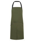 The Aprons product features a plain olive green design with a black adjustable neck strap and two front pockets, shown against a white background.