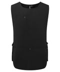 A sleeveless black pinnie with a round neckline, a small left chest pocket, and two large lower front pockets. Features adjustable side straps and a minimalist design.