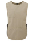 Aprons: Beige sleeveless work apron with a round neck, left chest pocket, and two lower front pockets. Features black adjustable side straps. Made from durable plain fabric.