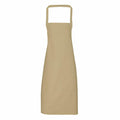 Introducing the Premier PR102: a classic apron featuring a plain beige design with a neck loop and an extended front. It's crafted from a straightforward fabric, emphasizing a minimalist aesthetic.