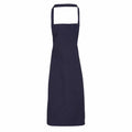 The Premier PR102 apron, shown against a plain white backdrop, features a dark blue hue with a neck strap and extended length.