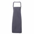 A plain, gray Premier PR102 apron featuring a neck loop and long waist ties, showcased against a white background.