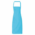 A vibrant blue apron from Premier, product PR102, featuring a neck strap and a straightforward design, is showcased against a white backdrop to highlight its full length and sleek texture.