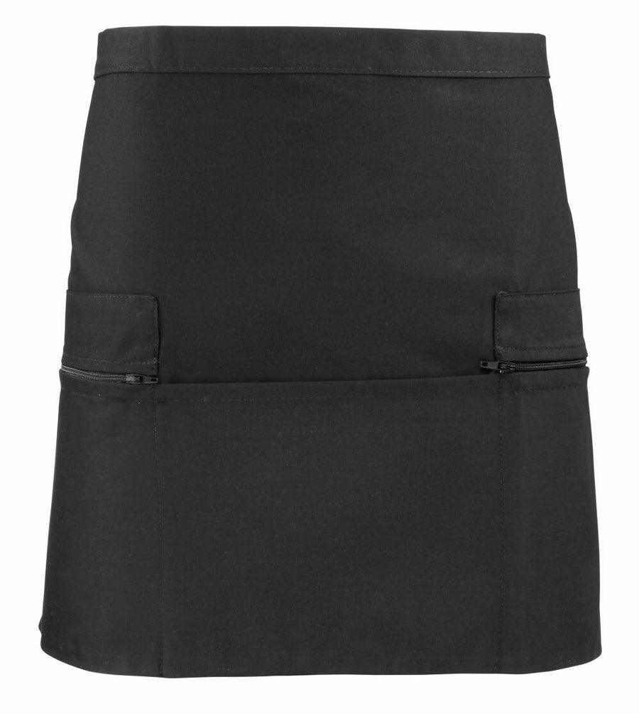 Premier PR105 black waist apron featuring two front pockets and a zipper detail.