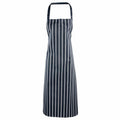 The Premier PR110 apron features black and white vertical stripes and includes an adjustable neck strap.