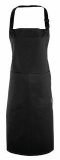 Premier's PR112 black apron, featuring an adjustable neck strap and front pocket, is set against a white background.