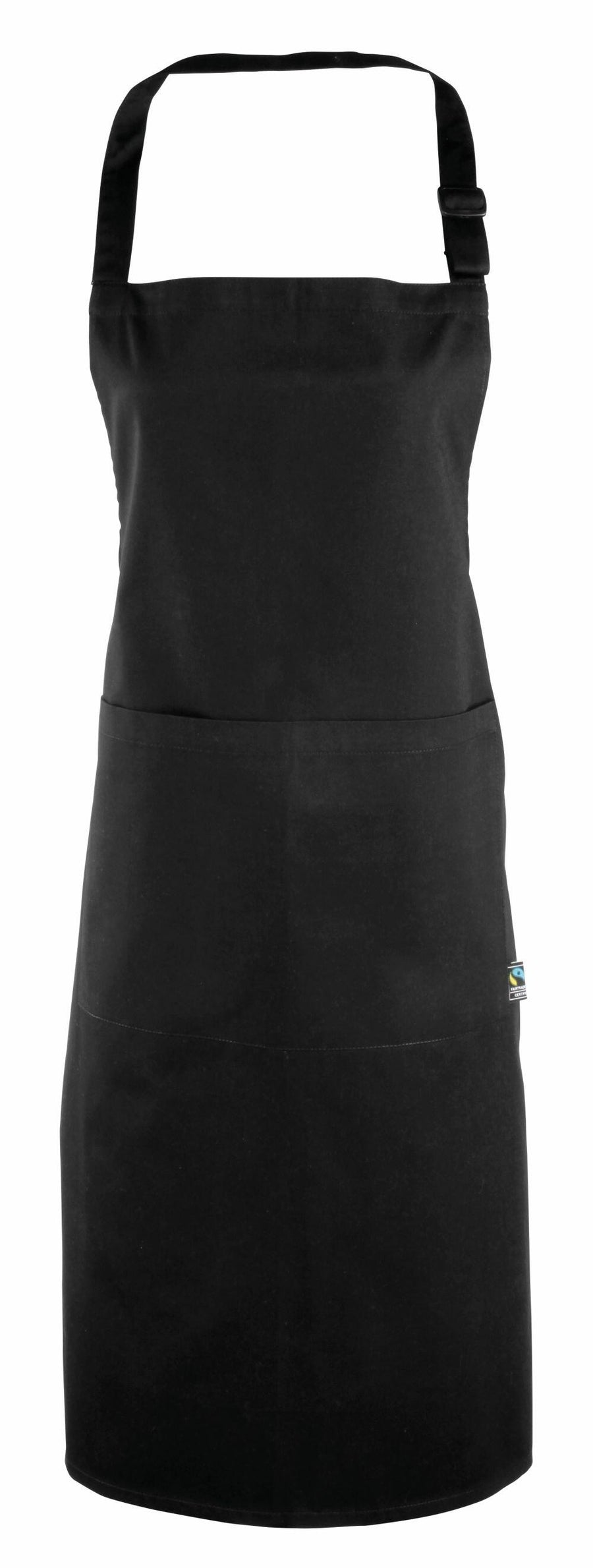 Premier's PR112 black apron, featuring an adjustable neck strap and front pocket, is set against a white background.