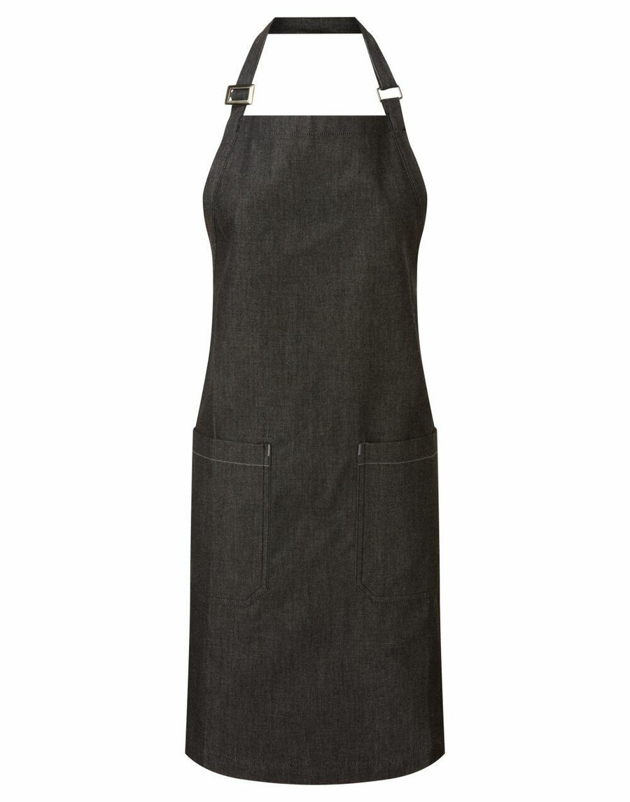 A Premier PR113 black apron featuring a neck strap with an adjustable buckle and two front pockets.
