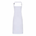 The Premier PR115 apron, featuring a plain white design, comes equipped with an adjustable neck strap and long waist ties.