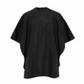 A Premier PR116 hairdressing cape in black, featuring a sleek, glossy texture.