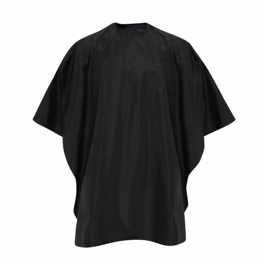 A Premier PR116 hairdressing cape in black, featuring a sleek, glossy texture.