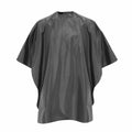 The Premier PR116 is a black barber's cape made from smooth fabric, featuring a round neckline, designed to provide protection during haircuts.