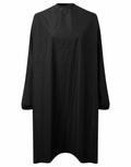 The Premier PR117 is a black, long-sleeve salon cape featuring a high neck and elastic cuffs, specifically designed for hair cutting or coloring.
