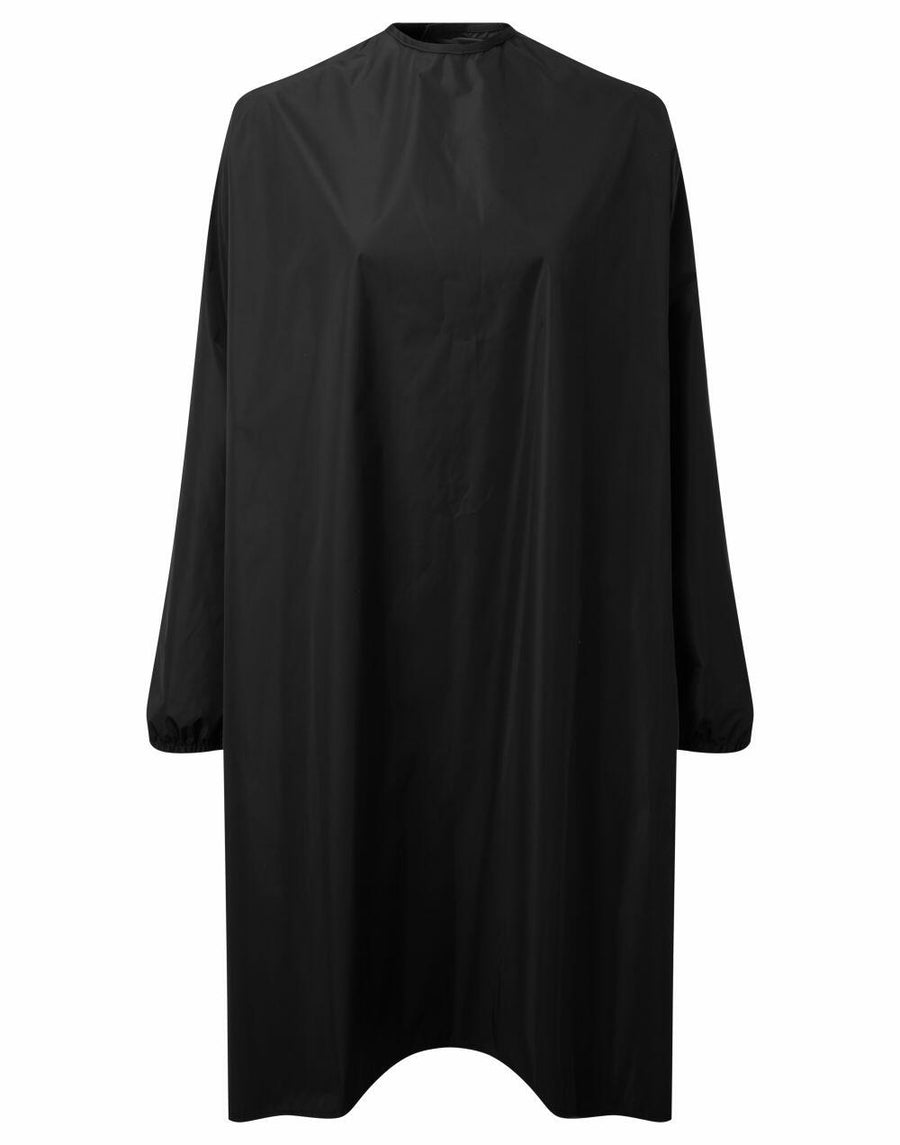 The Premier PR117 is a black, long-sleeve salon cape featuring a high neck and elastic cuffs, specifically designed for hair cutting or coloring.