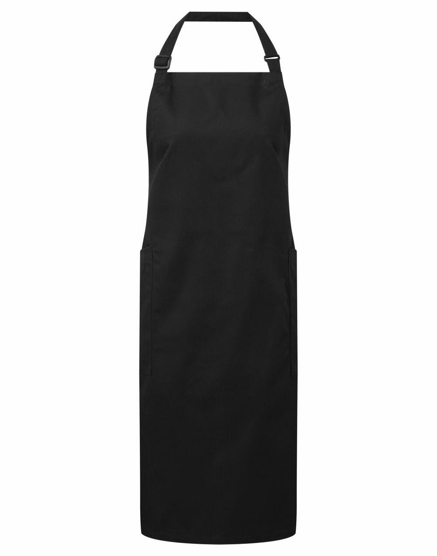 The Premier PR120 apron in black features an adjustable neck strap and two front pockets.