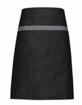 The Premier PR128 is a black denim skirt featuring a horizontal gray stripe near the top.