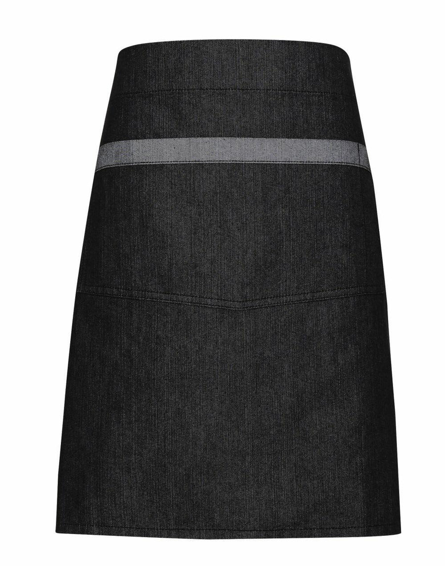The Premier PR128 is a black denim skirt featuring a horizontal gray stripe near the top.