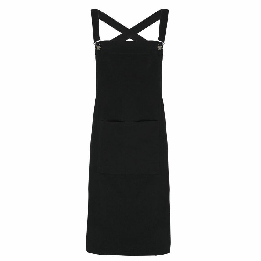 Premier PR129 apron featuring cross-back straps and a spacious front pocket in black.