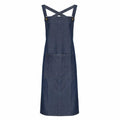 Introducing the PR129 by Premier: a blue denim apron featuring crossed straps at the back and a spacious front pocket. This apron boasts a clean, minimalist design, perfect for cooking or crafting.